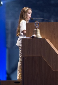 Ten-year-old Lucía Gómez García speaks at the second plenary session at the Rotary Convention in São Paulo, Brazil. Photo by Alyce Henson. 